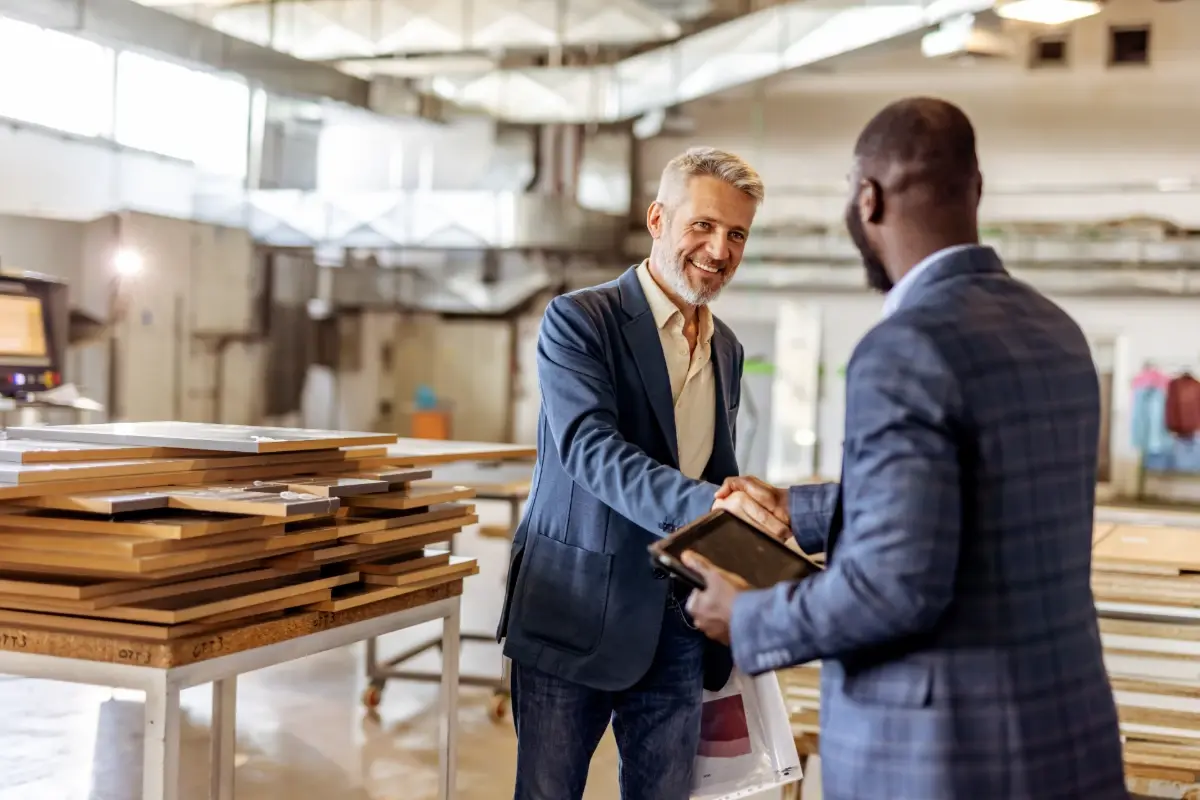 Business partners shaking hands inside a modern manufacturing warehouse.