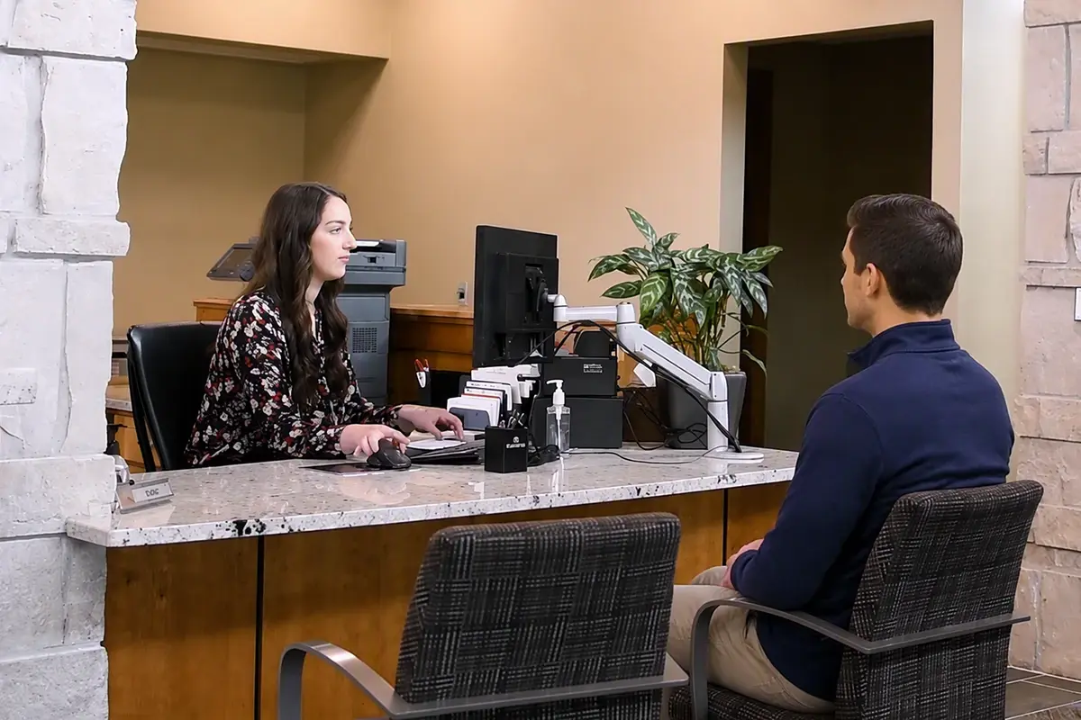 Female relationship manager assisting a male client at a professional office front desk.