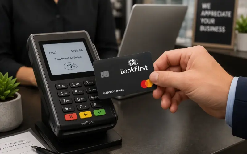A customer holding a Bank First business credit card near a contactless payment terminal.