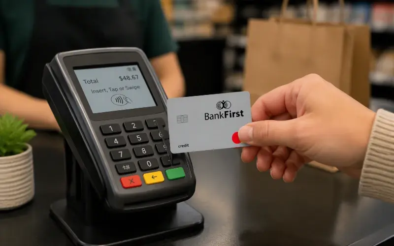 A customer pays at a retail checkout counter using a credit card on a POS terminal.