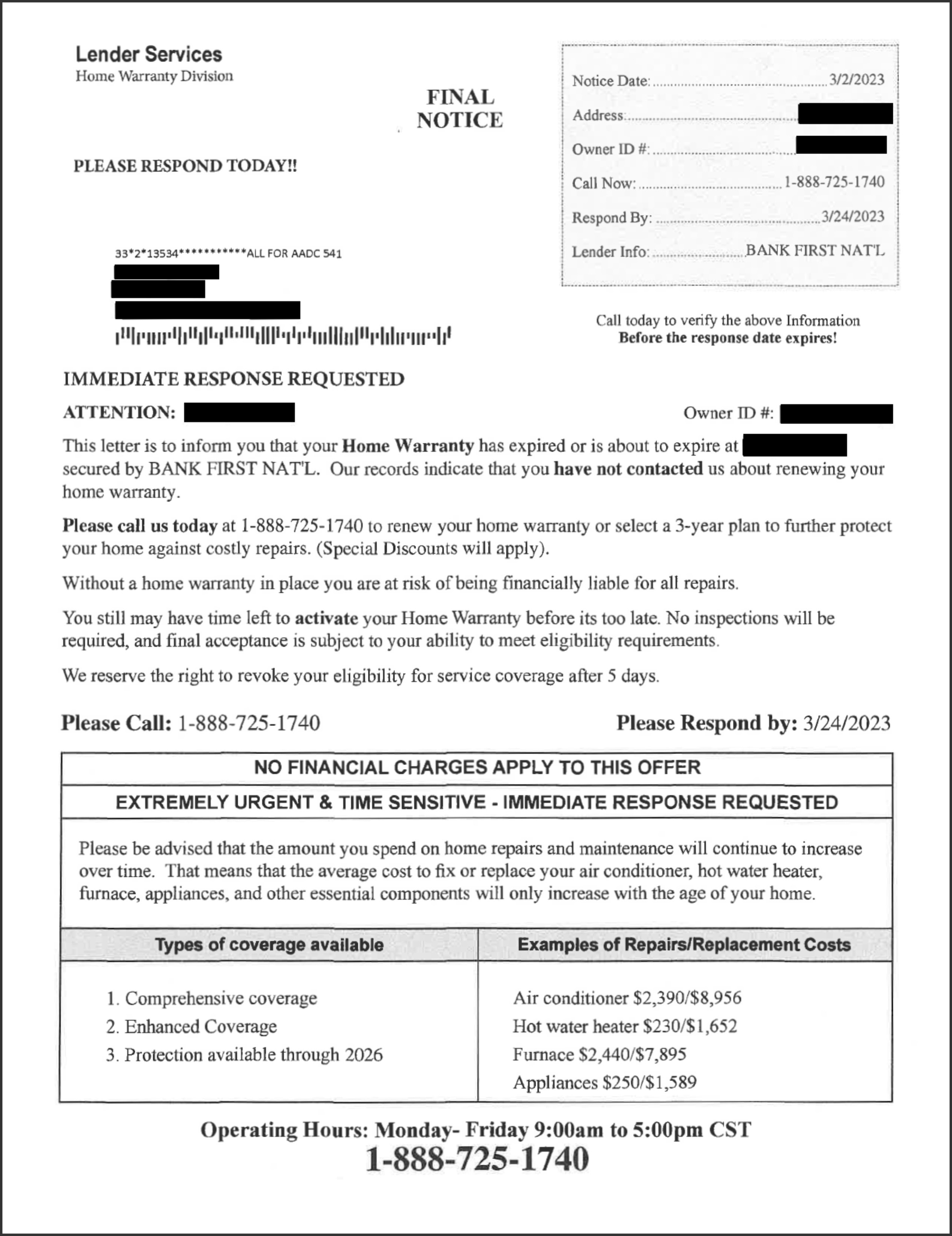 Home Warranty Division Letter